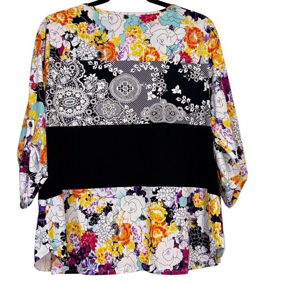 Calessa Floral Tunic Top Womens 2X White Black Colorblock Roll Tab Sleeves - Picture 3 of 11